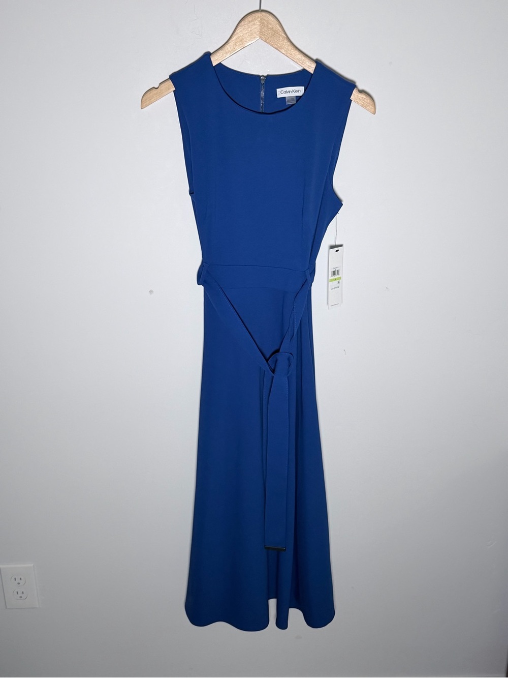 Calvin Klein Cobalt Blue Sleeveless Midi Dress with Waist Tie